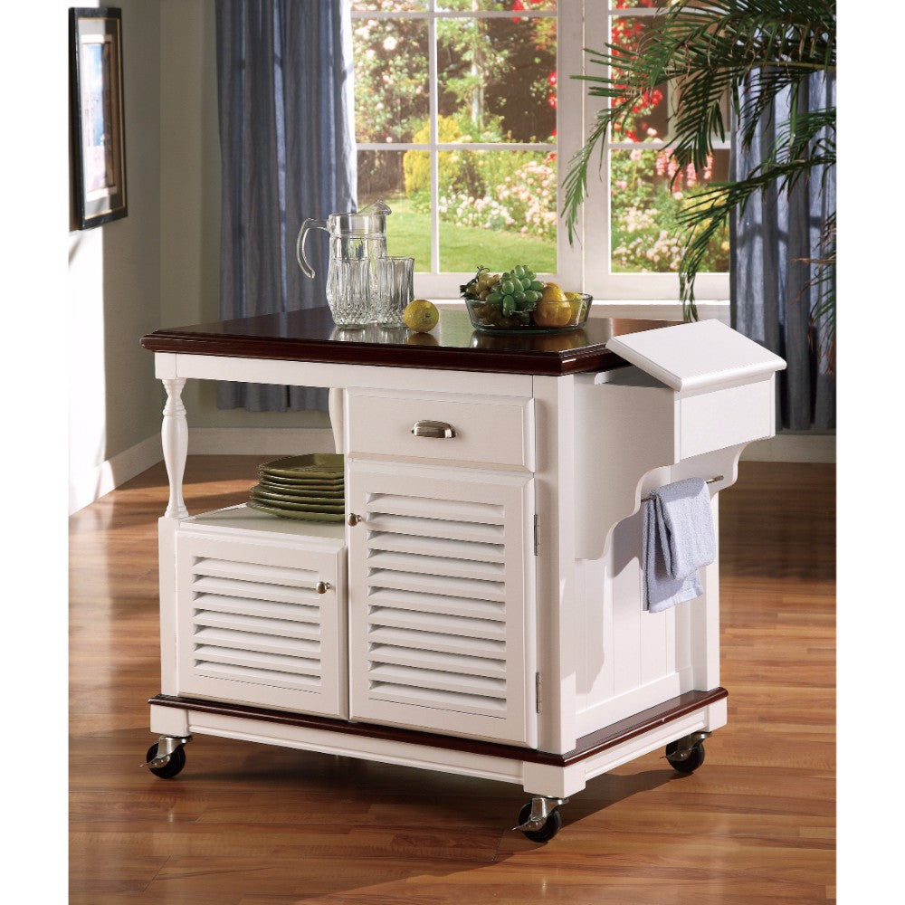 Benzara Sophisticated Kitchen Cart With Casters, White And Brown BM160166 White And Brown Wood Veneer & Hardwood BM160166
