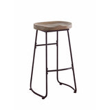 Benzara Antique Wood And Metal Bar Stool with Saddle Seat, Brown And Black BM160804 Brown And Black Wood & Metal BM160804