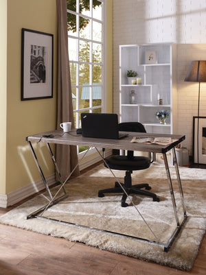 Benzara Metal Rectangular Writing Desk With USB Dock, Oak Brown & Silver BM163552 Brown & Silver MDF Metal BM163552