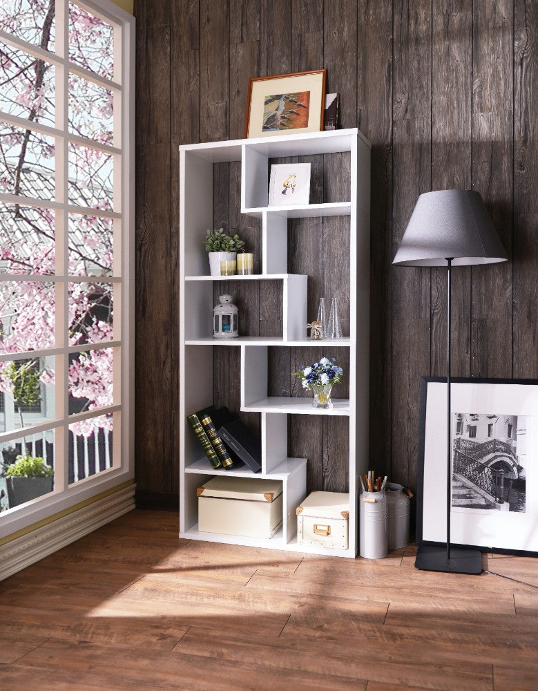 Benzara Wooden Rectangular Cube Bookcase with Eight Compartments, White BM163555 White Solid Wood BM163555