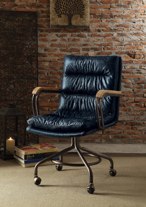 Benzara Metal & Leather Executive Office Chair, Vintage Blue BM163562 Vintage Blue Leather Top Grain Leather Foam Ply Iron Metal Frame BM163562