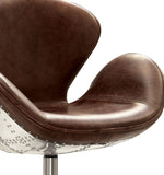 Benzara Top Grain Leather Accent Chair with Swivel, Brown & Silver BM163615 Brown & Aluminum Top Grain LeatherFoam FiberglassAluminum Metal BM163615