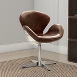 Benzara Top Grain Leather Accent Chair with Swivel, Brown & Silver BM163615 Brown & Aluminum Top Grain LeatherFoam FiberglassAluminum Metal BM163615