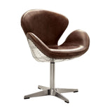 Top Grain Leather Accent Chair with Swivel, Brown & Silver