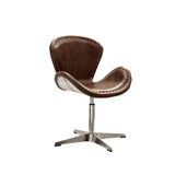 Benzara Metal Swivel Accent Chair with Curved Leatherette Seat, Brown and Silver BM163616 Brown and Silver Metal and Faux Leather BM163616