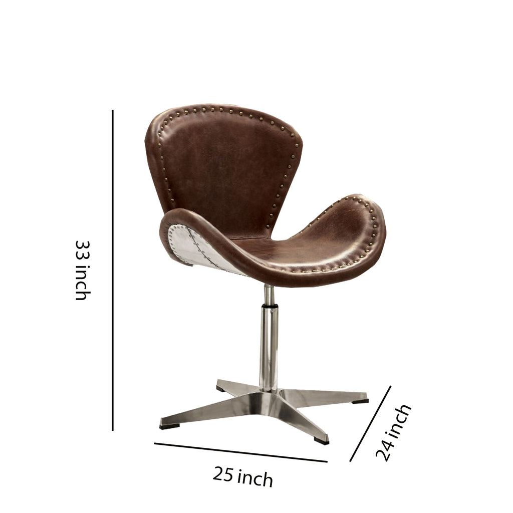 Benzara Metal Swivel Accent Chair with Curved Leatherette Seat, Brown and Silver BM163616 Brown and Silver Metal and Faux Leather BM163616