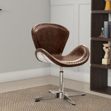 Benzara Metal Swivel Accent Chair with Curved Leatherette Seat, Brown and Silver BM163616 Brown and Silver Metal and Faux Leather BM163616