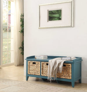 Benzara Rectangular Wooden Storage Bench with Rattan Like Weaved 3 Drawers, Blue BM163623 Blue Solid Wood BM163623