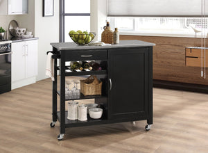 Benzara 1 Drawer Wooden Serving Cart with 1 Door Cabinet and Casters, Black BM163662 Black Metal and Solid Wood BM163662