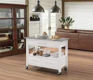 Benzara Kitchen Cart With Stainless Steel Top, Gray & White BM163665 Gray & White Stainless Steel Rbw MDF BM163665