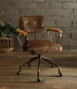 Benzara Leatherette Button Tufted Office Chair with 5 Star Caster Base, Brown BM163666 Brown Leatherette, Solid wood, Metal BM163666