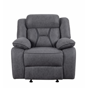 Benzara Pillow-Padded Glider Recliner With Contrast Stitching, Gray BM163888 Gray Wood and Leather BM163888