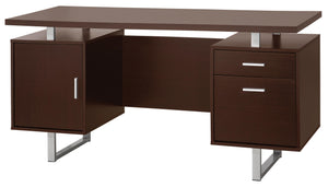 Benzara Double Pedestal Office Desk With Metal Sled Legs, Brown BM163908 Brown Wood BM163908