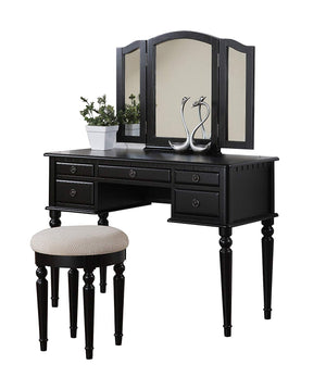 Benzara Commodious Vanity Set Featuring Stool And Mirror Black BM167179 Black Rubber WoodMDF / Birch Veneer BM167179