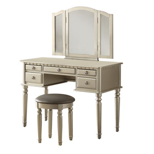 Benzara Commodious Vanity Set Featuring Stool And Mirror Silver BM167180 Silver Rubber WoodMDF / Birch Veneer BM167180