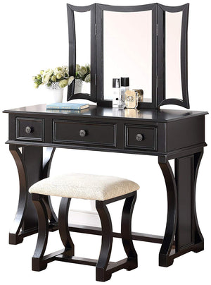 Benzara Modish Vanity Set Featuring Stool And Mirror Black BM167181 Black Pine Wood Particle Board MDF with Poplar Veneer BM167181