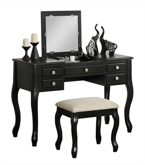 Benzara Cherub Vanity Set Featuring Stool And Mirror Black BM167186 Black Rubber wood MDF / Birch Veneer BM167186