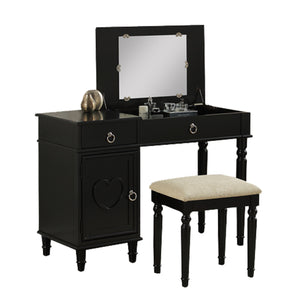 Benzara Seraph Vanity Set Featuring Stool And Mirror Black BM167190 Black Rubber wood MDF / Birch Veneer BM167190