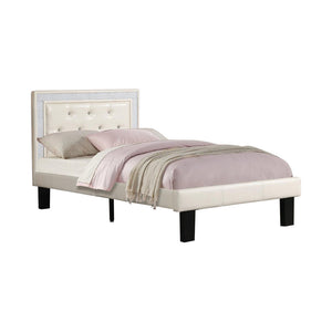 Benzara Wooden Full Bed With Light Bone PU Tufted Head Board, White Finish BM168651 White Faux Leather Plywood Solid PineWood BM168651