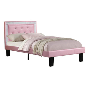 Benzara Wooden Full Bed With Pink PU Tufted Head Board, Pink Finish BM168652 Pink Faux Leather Plywood Solid Pine Plywood Wood BM168652