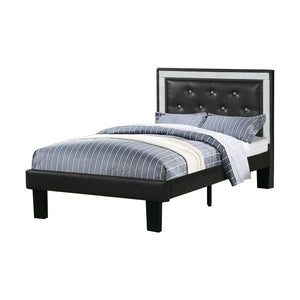 Benzara Wooden Full Bed With Ash-Black PU Tufted Head Board, Black Finish BM168653 Black Faux Leather Plywood Solid Pine Plywood Wood BM168653