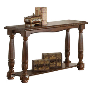 Benzara Wooden Console Table With Bottom Shelf, Brown BM171402 Brown Rubber Wood Faux Leather MDF Okoume Veneer BM171402