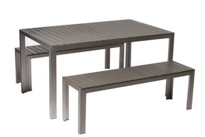 Benzara Anodized Aluminum Table And Bench Set In Gray (Set of 3) BM172059 GRAY Anodized Aluminum And Plastic lumber BM172059