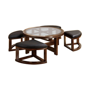 Benzara Round Wooden Coffee Table With Stylish Wedge Shaped 4 Ottomans BM172710 Brown Solid Wood Wood Veneer PU And Glass BM172710