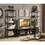 Benzara Metallic TV Stand With Wooden Top And Shelf, Brown, Black BM174351 Brown, Black Wood Metal BM174351