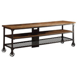 Benzara Metallic TV Stand With Wooden Top And Shelf, Brown, Black BM174351 Brown, Black Wood Metal BM174351