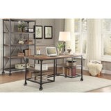 Benzara Metallic Writing Desk With Wooden Top And Shelves, Brown, Black BM174352 Brown, Black Wood Metal BM174352