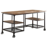 Benzara Metallic Writing Desk With Wooden Top And Shelves, Brown, Black BM174352 Brown, Black Wood Metal BM174352