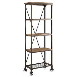 Benzara Metallic Book Case With Wooden Top And Shelves, Brown, Black BM174353 Brown, Black Wood Metal BM174353