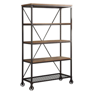 Benzara Metallic Book Case With Wooden Top And Shelves, Brown & Black BM174354 Brown, Black Wood Metal BM174354