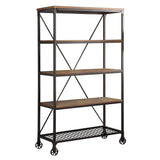 Metallic Book Case With Wooden Top And Shelves, Brown & Black