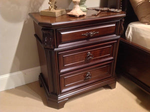 Benzara Intricately Carved Wooden Night stand with Antique Brass Handles, Cherry Brown BM174449 Brown Wood BM174449