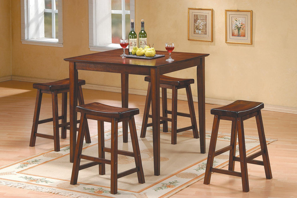 Benzara Wooden 5-Piece Counter Height Dining Set of Table & Stool, Warm Cherry Brown BM175978 Brown Wood BM175978