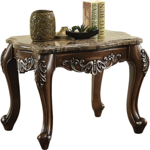 Benzara Wooden End Table with Marble Top in Antique Oak Brown BM177648 Brown Wood and Marble BM177648