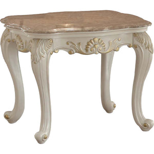 Benzara Wooden End Table With Marble Top, Pearl White BM177690 White and Gold Wood and Marble BM177690