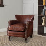 Benzara Leather Upholstered Accent Chair With Nail head Trim, Dark Brown BM177728 Brown Wood and Leather BM177728