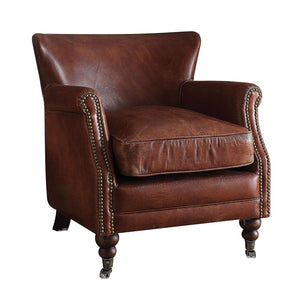 Benzara Leather Upholstered Accent Chair With Nail head Trim, Dark Brown BM177728 Brown Wood and Leather BM177728