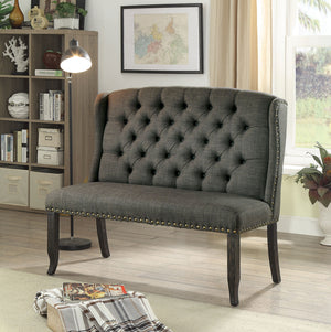 Benzara Tufted High Back 2 Seater Love Seat Bench With Nailhead Trims, Gray BM177893 Gray Wood and Linen Fabric BM177893