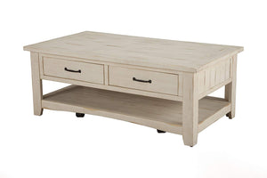 Benzara Wooden Coffee Table With Two Drawers, Antique White BM178126 White Pine BM178126