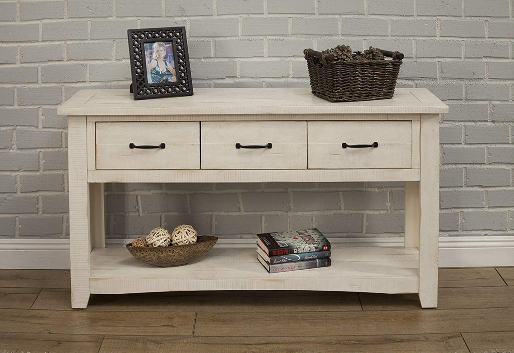 Benzara Wooden Console Table With Three Drawers, Antique White BM178128 White Pine BM178128
