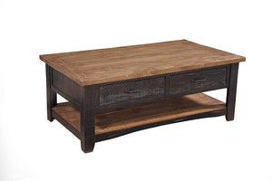 Benzara Dual Tone Wooden Coffee Table With Two Drawers, Antique Black and Honey Tobacco Brown BM178129 Black, Brown Pine BM178129