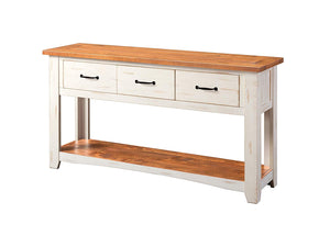 Benzara Dual Tone Wooden Console Table With Three Drawers, White and Brown BM178132 White, Brown Pine BM178132