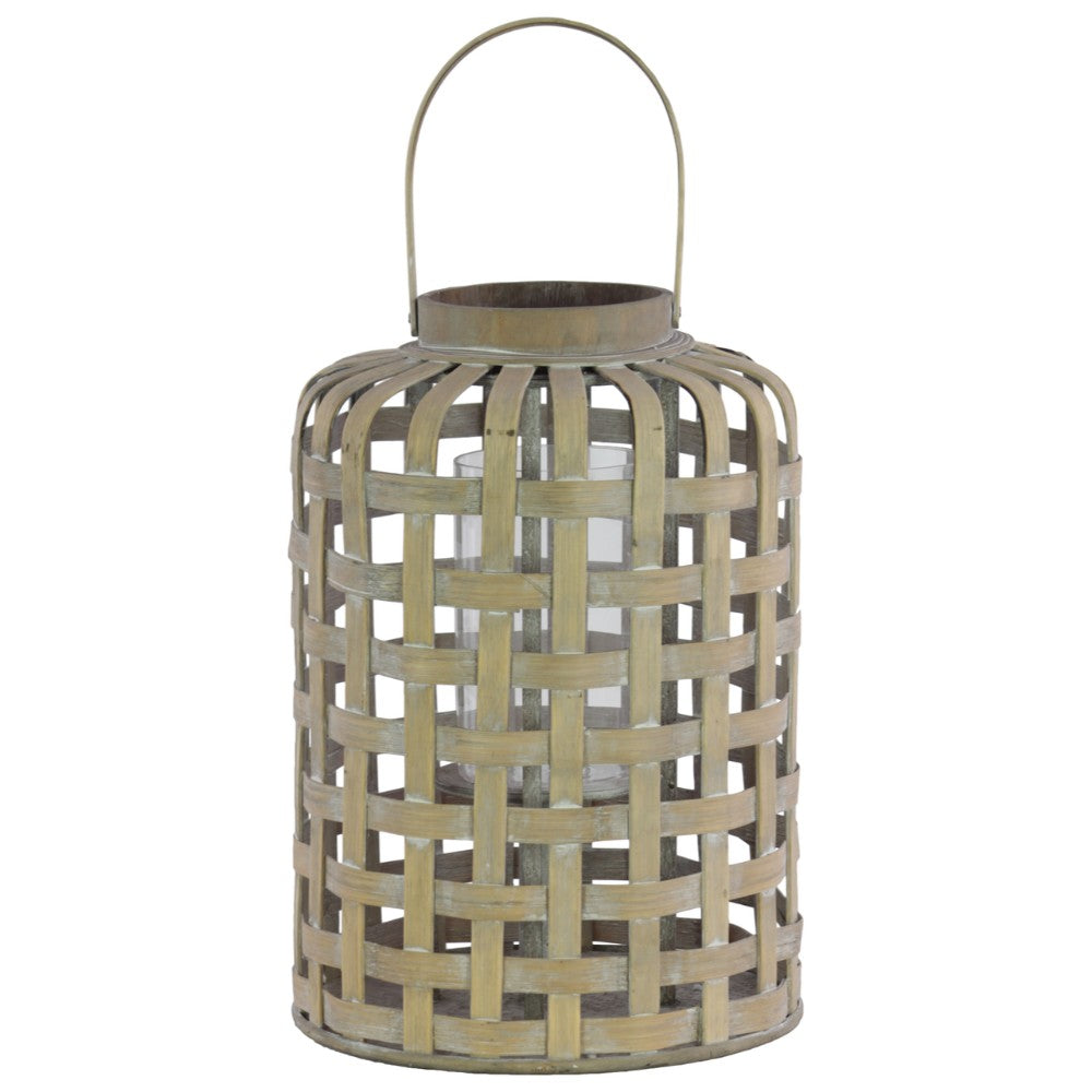 Benzara Wood Round Lantern with Lattice Design Body and Handle, Tan Brown BM179103 Tan Brown Wood BM179103