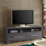 Benzara Wooden TV Stand with Two Drawers and Three Open Shelves, Gray BM179603 Gray MDF and Metal BM179603