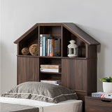 Benzara Twin Size Hut Style Bookcase Headboard In Wood, Dark Walnut Brown BM179676 Brown MDF Wood BM179676