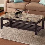 Benzara Wooden Coffee Table With Faux Marble Top, Red Cocoa Brown BM179749 Brown MDF Wood Marble BM179749